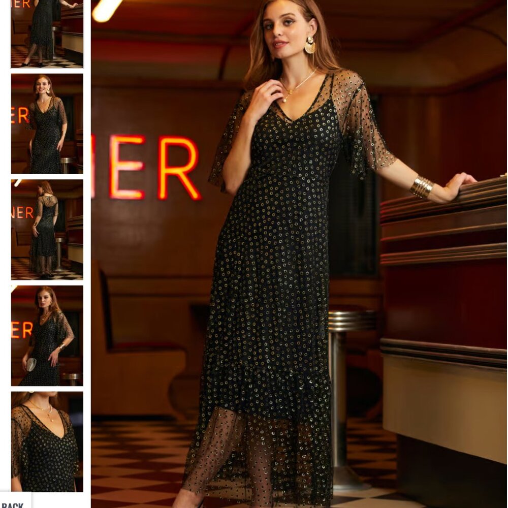 NEW Modcloth Shimmer Swish Midi Dress Black Gold Mesh Dot Witchy Whimsigoth